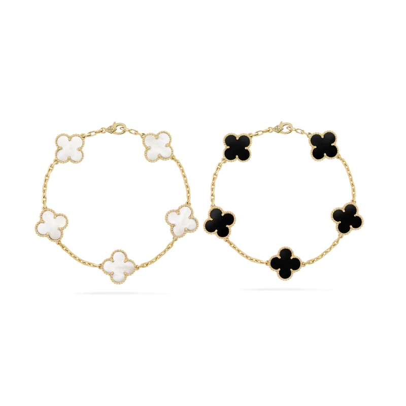 2-teiliges Kleeblatt-Armband-Set - Schwarz/Weiß
